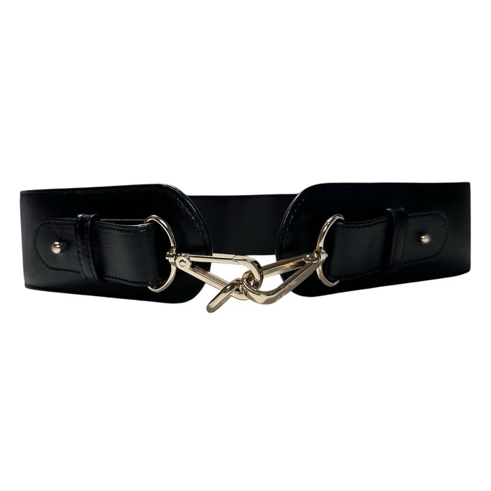 Ann Taylor Gold Clip Black Leather Stretchy Cinch Belt – Women’s M/L